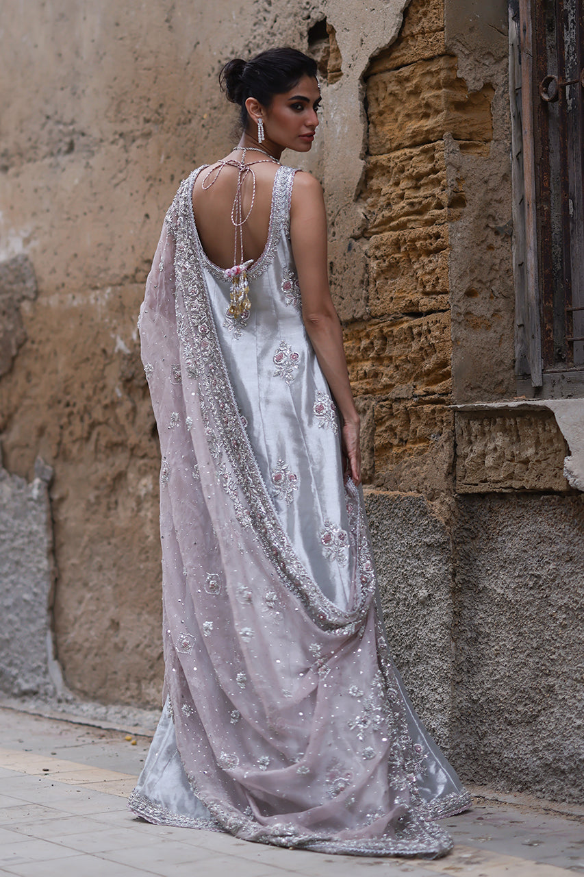 Silver Zardozi Tissue Silk Kalidar Dress (2-Piece) - Image 7