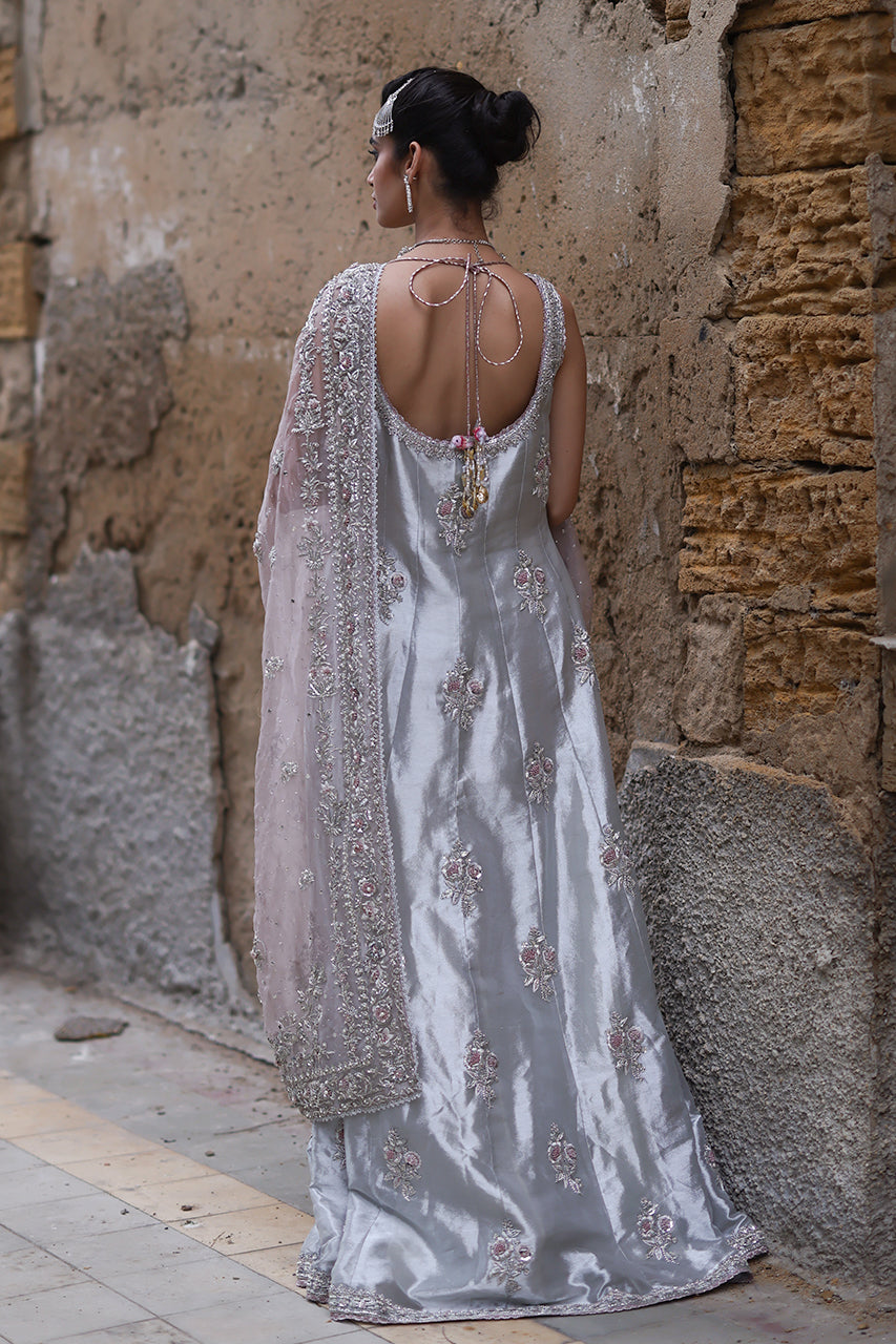 Silver Zardozi Tissue Silk Kalidar Dress (2-Piece) - Image 8