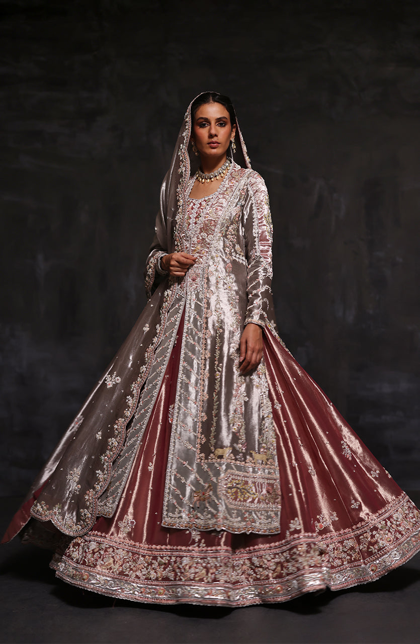 Indian Dark Metallic Silver Zardozi Tissue Kalidaar (4-Piece) - Image 1