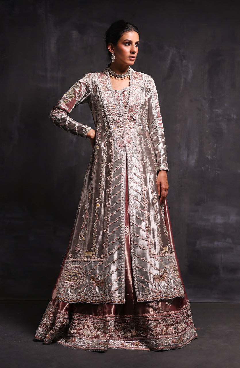 Indian Dark Metallic Silver Zardozi Tissue Kalidaar (4-Piece) - Image 2