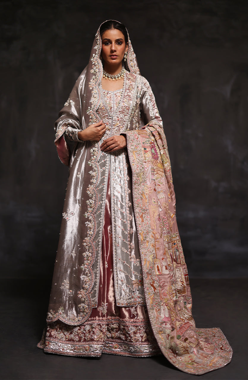 Indian Dark Metallic Silver Zardozi Tissue Kalidaar (4-Piece) - Image 4