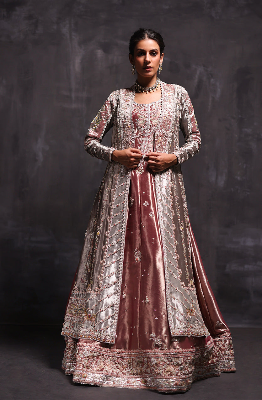 Indian Dark Metallic Silver Zardozi Tissue Kalidaar (4-Piece) - Image 5