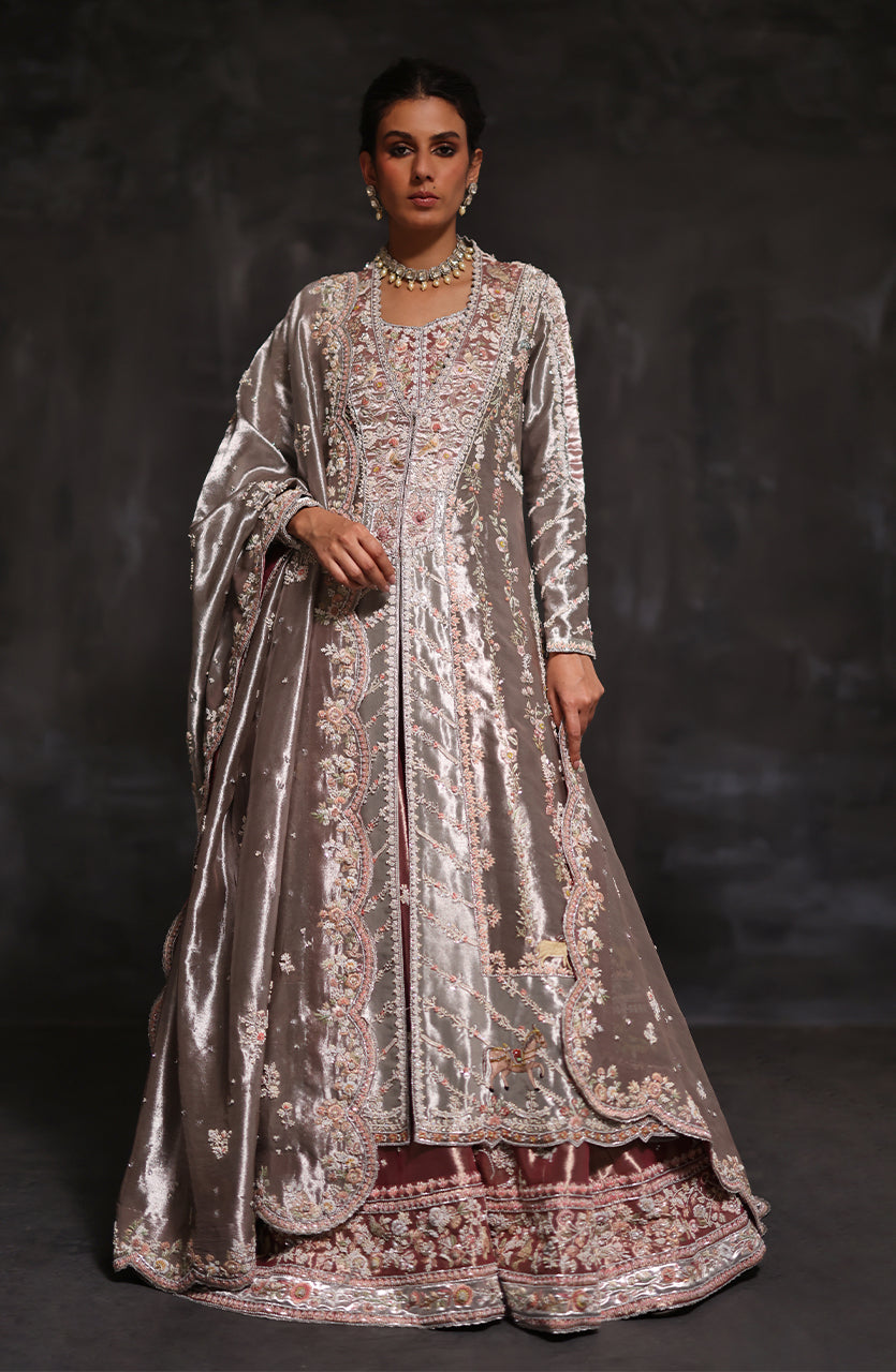 Indian Dark Metallic Silver Zardozi Tissue Kalidaar (4-Piece) - Image 6