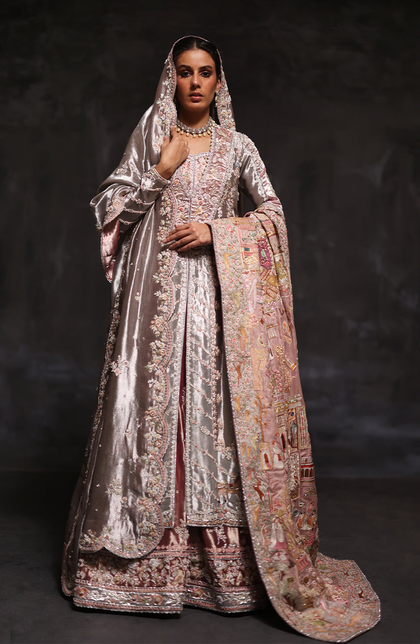 Indian Dark Metallic Silver Zardozi Tissue Kalidaar (4-Piece) - Image 7