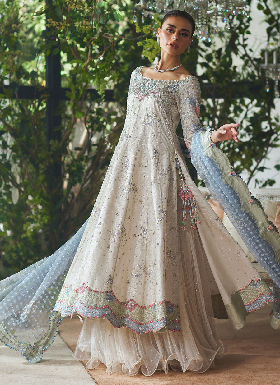 Silver Embroidered Zari Kalidaar Dress (3-Piece) - Image 1