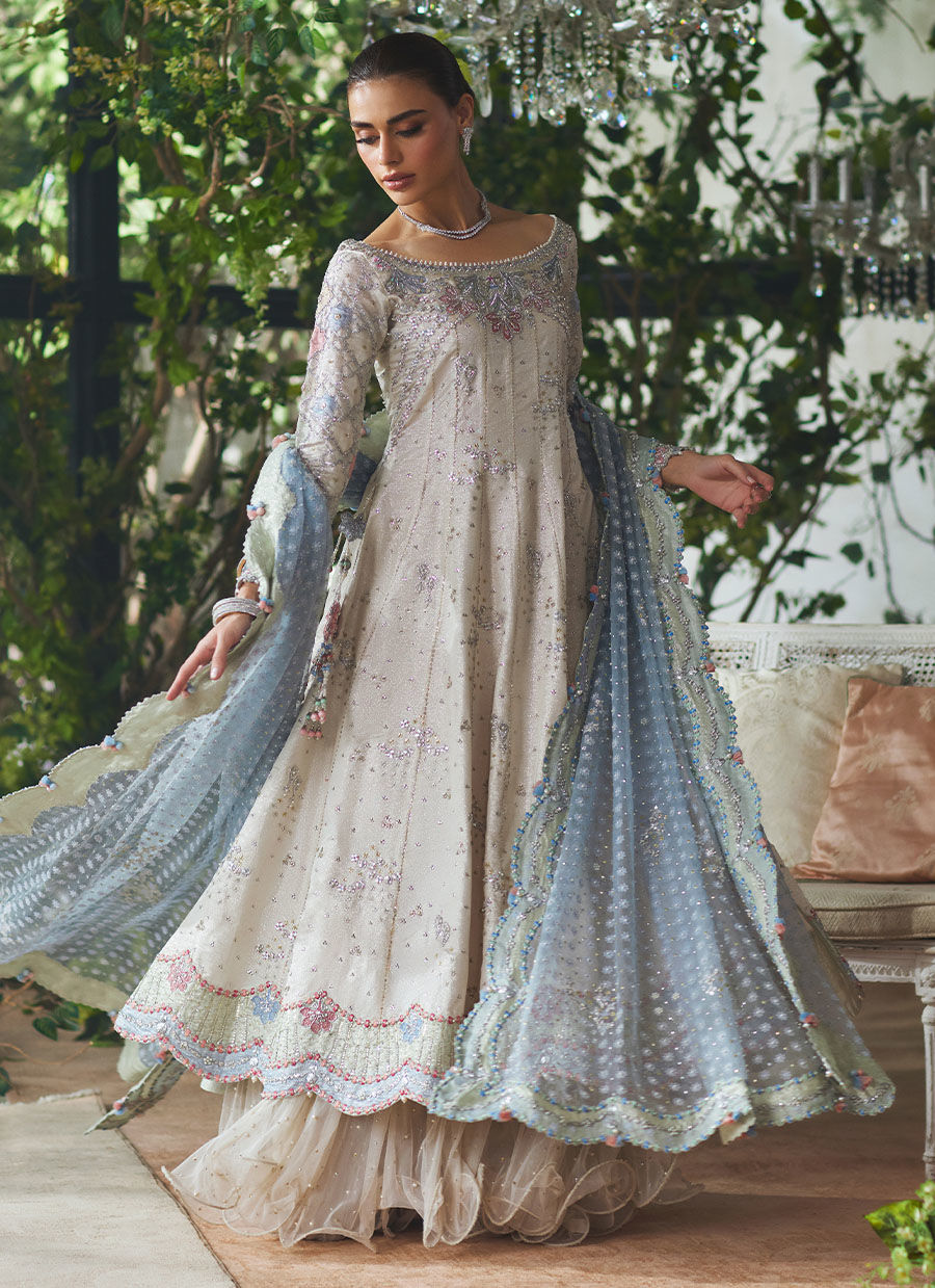 Silver Embroidered Zari Kalidaar Dress (3-Piece) - Image 12