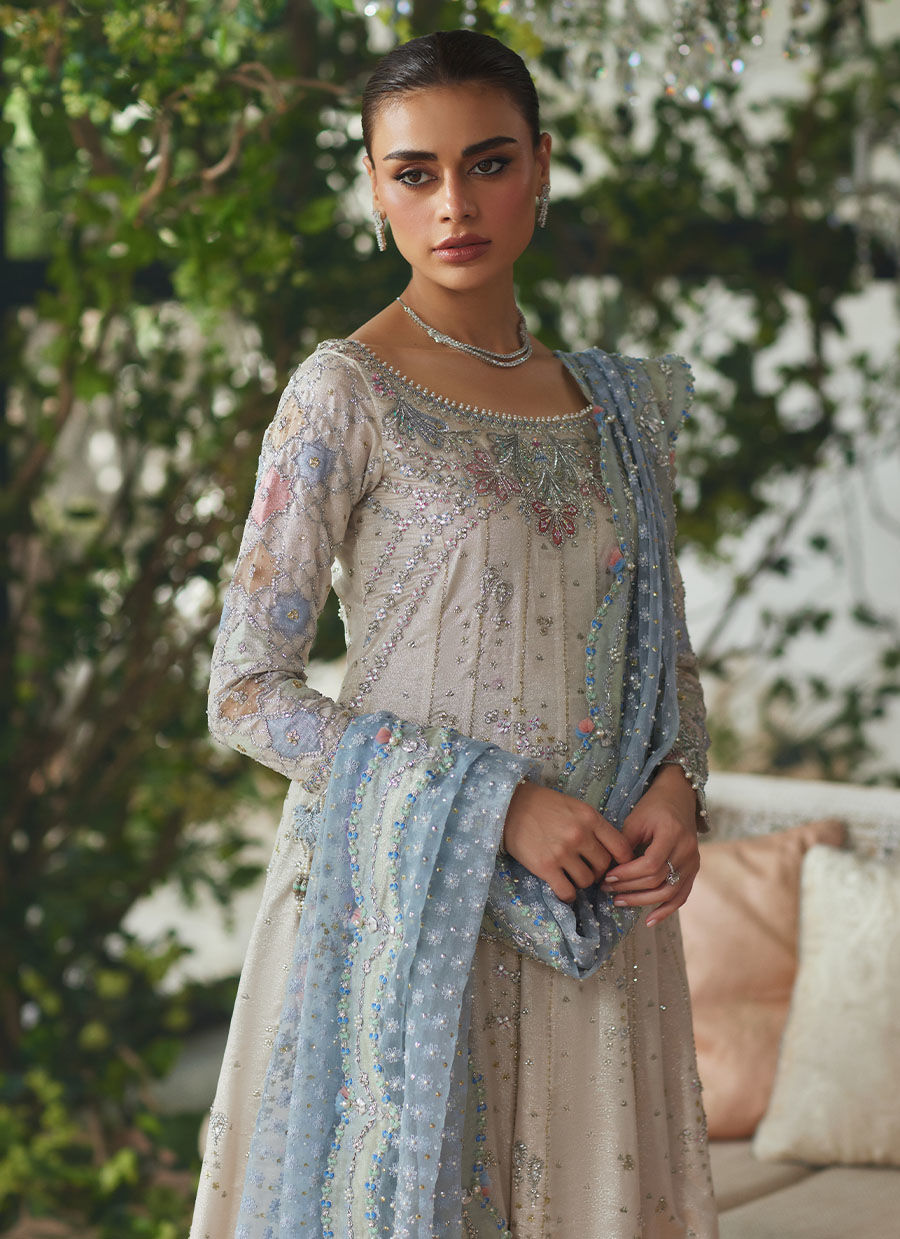 Silver Embroidered Zari Kalidaar Dress (3-Piece) - Image 13