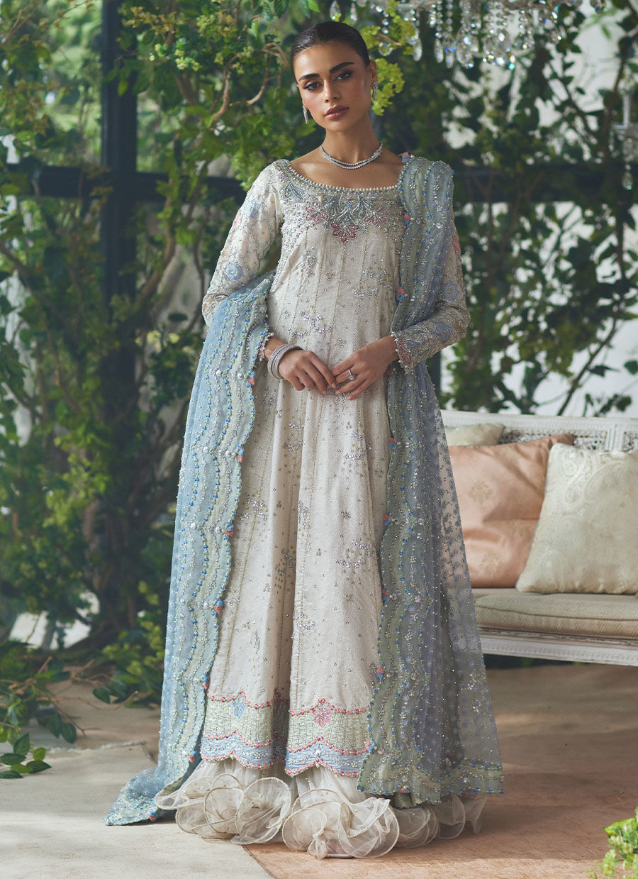 Silver Embroidered Zari Kalidaar Dress (3-Piece) - Image 3