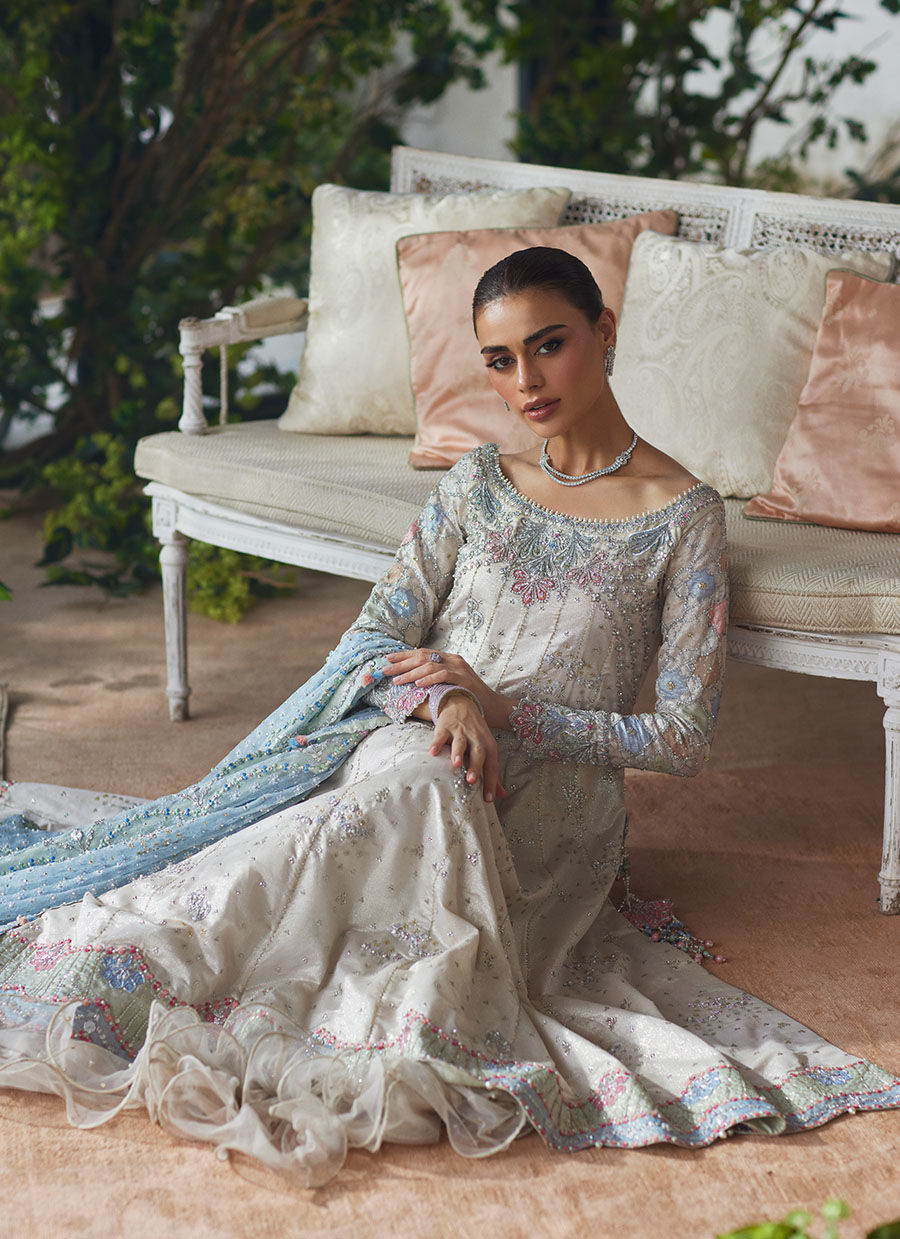 Silver Embroidered Zari Kalidaar Dress (3-Piece) - Image 7