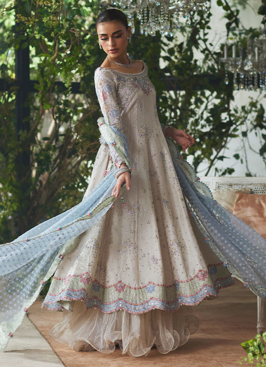 Silver Embroidered Zari Kalidaar Dress (3-Piece) - Image 8