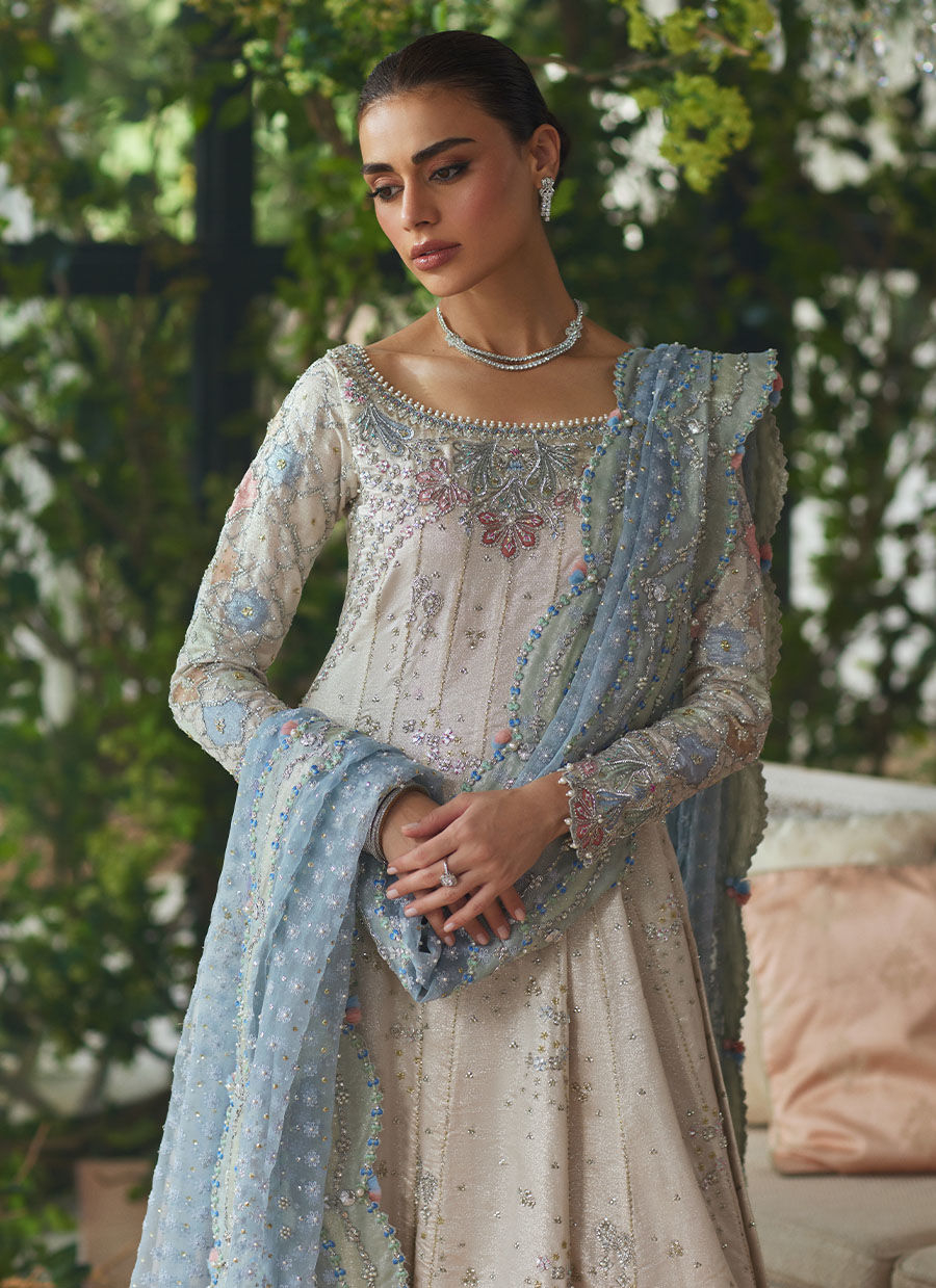 Silver Embroidered Zari Kalidaar Dress (3-Piece) - Image 9