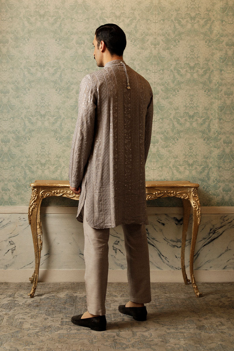 Silver Grey Hand Embroidered Jacquard Kurta Pajama (2-Piece) - Image 4