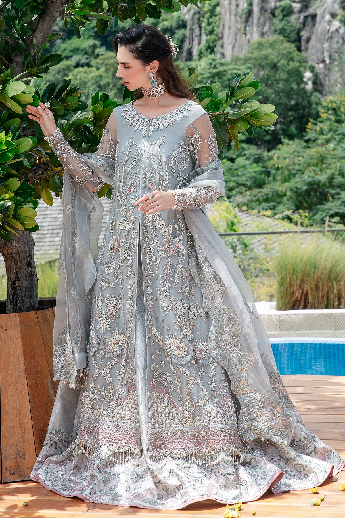 Pakistani Silver Grey Embellished Net Bridal Lehenga (3-Piece) - Image 1