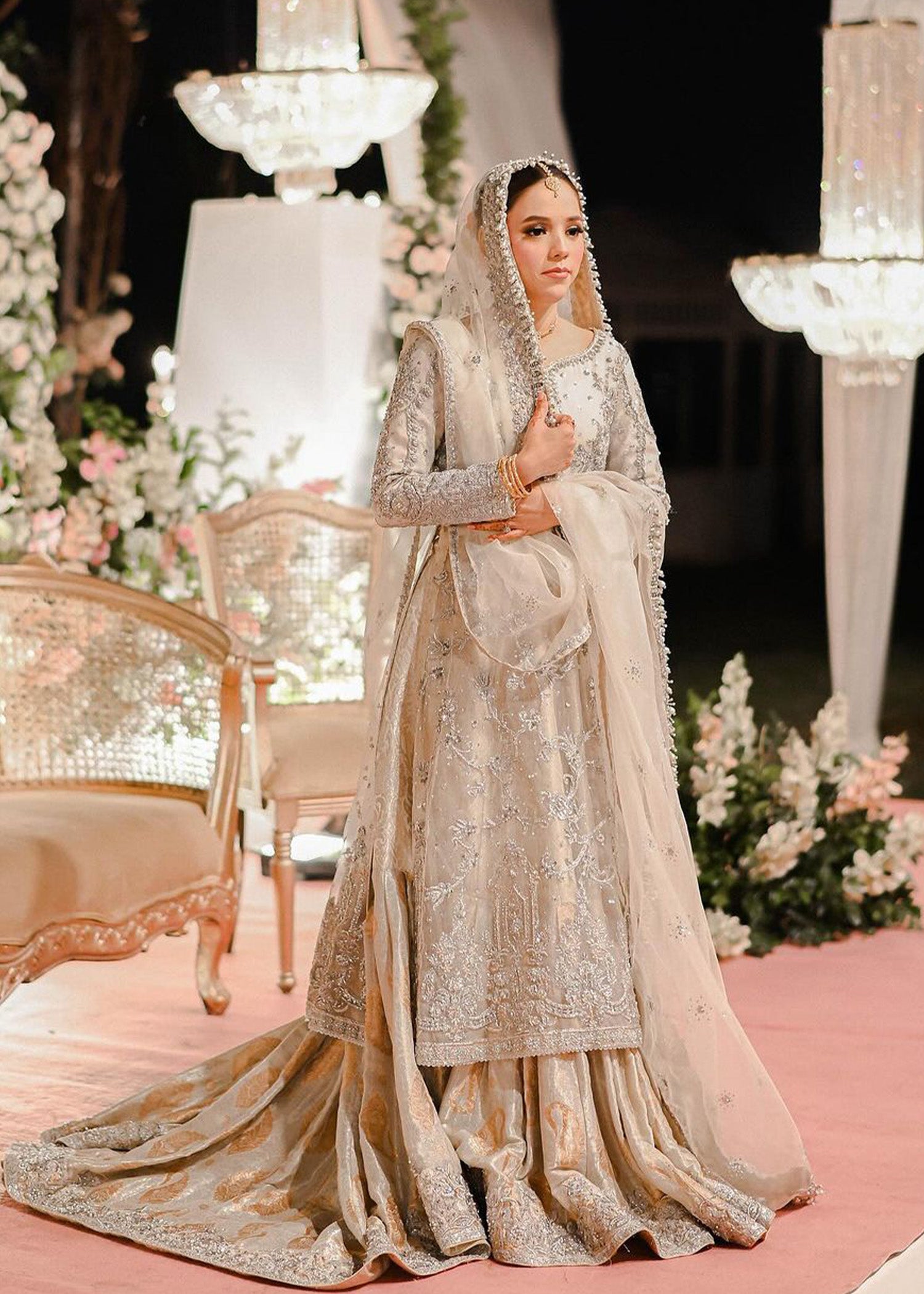 Silver Grey Embellished Brocade Bridal Gown (3-Piece) - Image 1