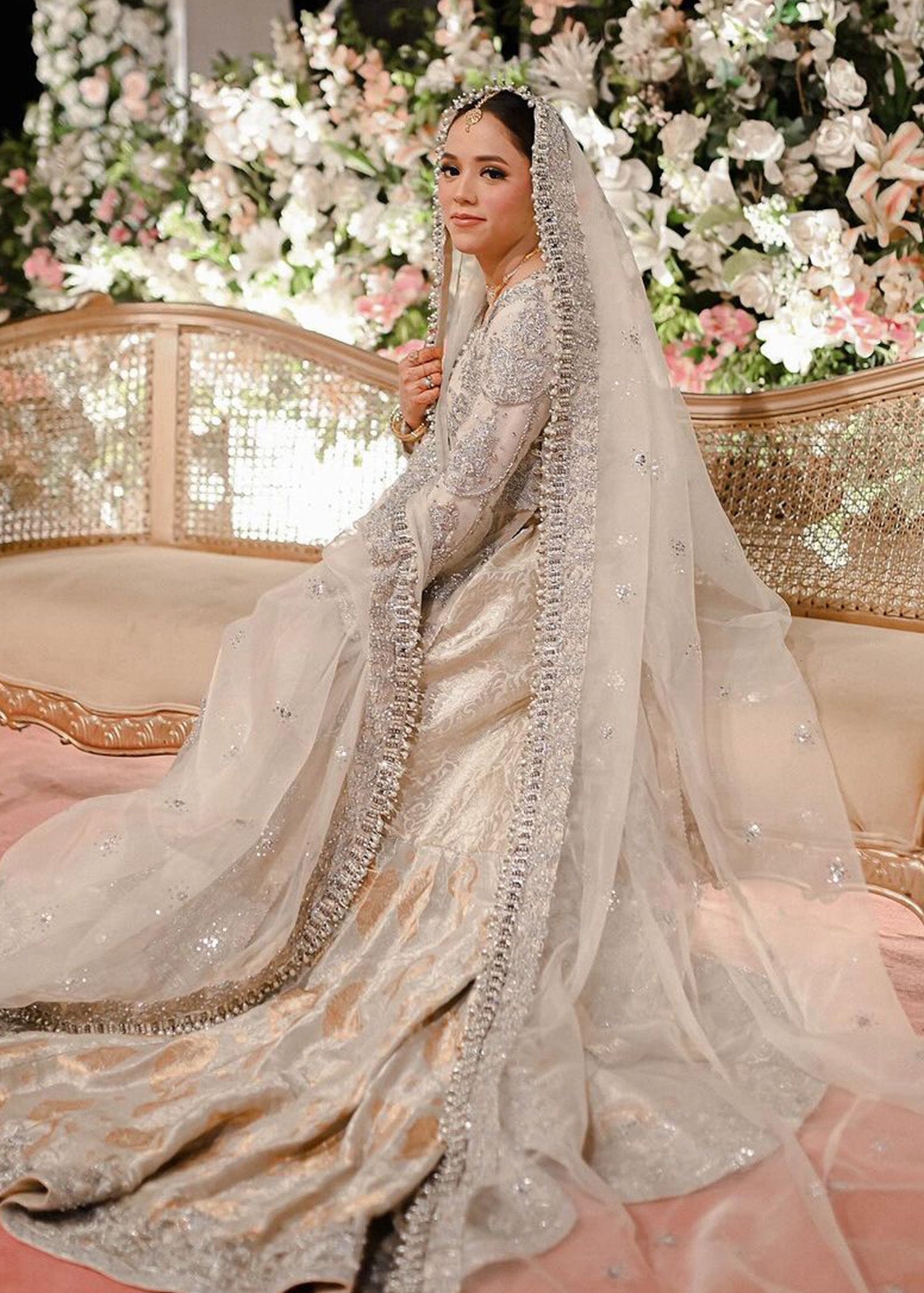 Silver Grey Embellished Brocade Bridal Gown (3-Piece) - Image 3