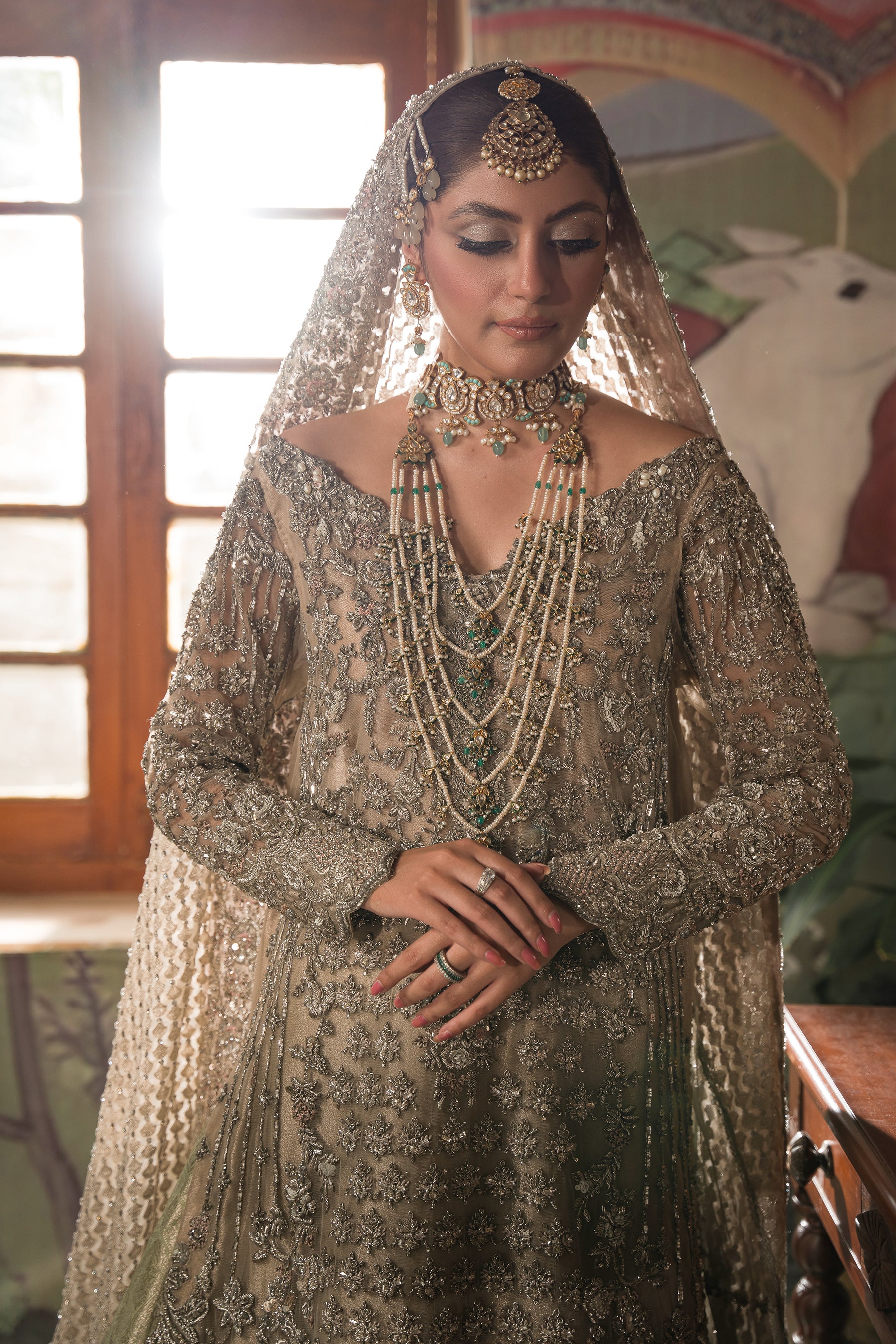 Pakistani Silvery Champagne Zardozi Brocade Farshi Lehenga (3-Piece) - Image 5