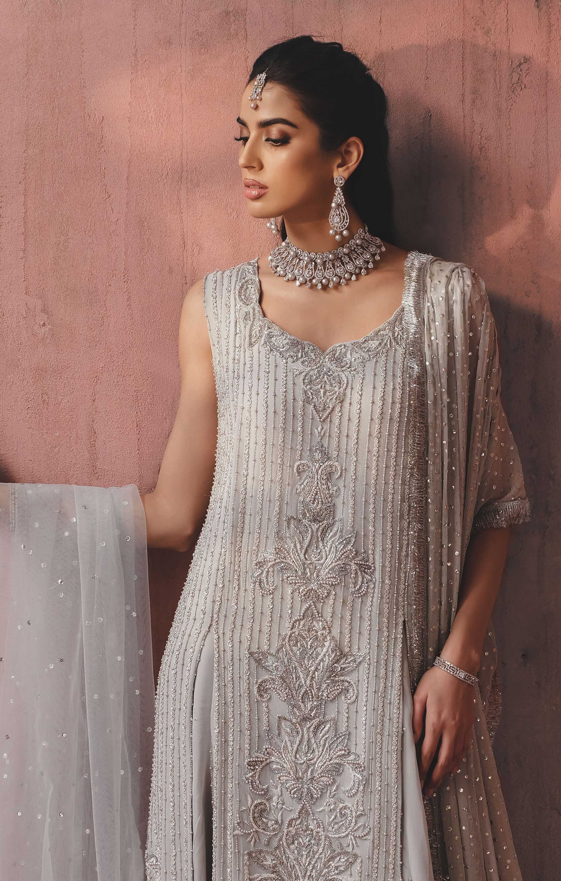 Pakistani Silver Grey Hand-Embellished Chiffon Lehenga (3-Piece) - Image 3