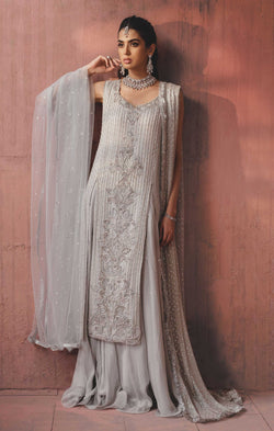 Pakistani Silver Grey Embellished Chiffon Lehenga (3-Piece) - Image 1