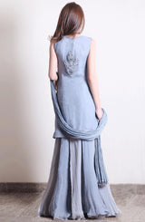 Silver Embellished Chiffon Lehenga Set (3-Piece) - Image 3