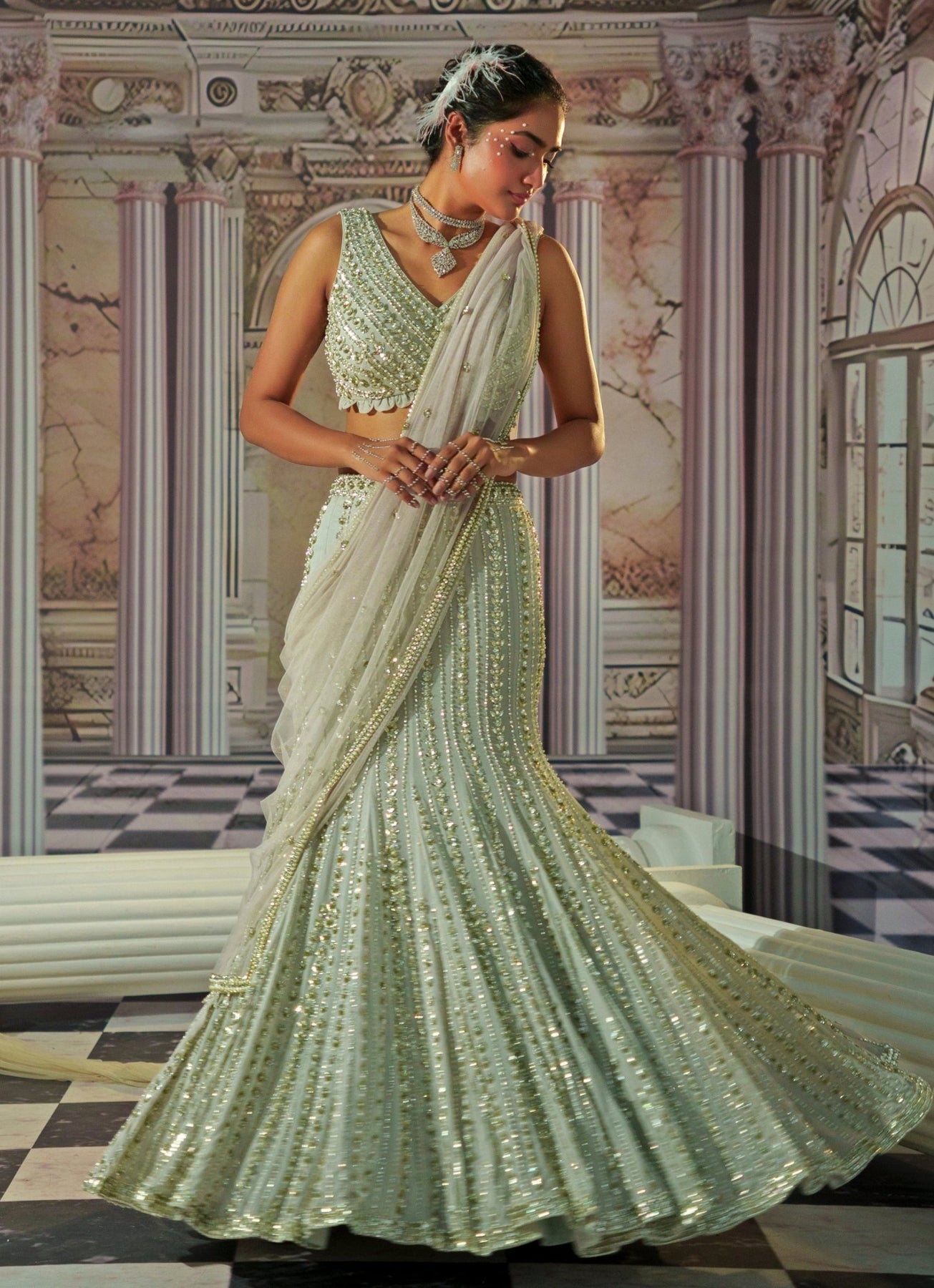 Pakistani Silver Grey Embroidered Georgette Mermaid Lehenga (3-Piece) - Image 4