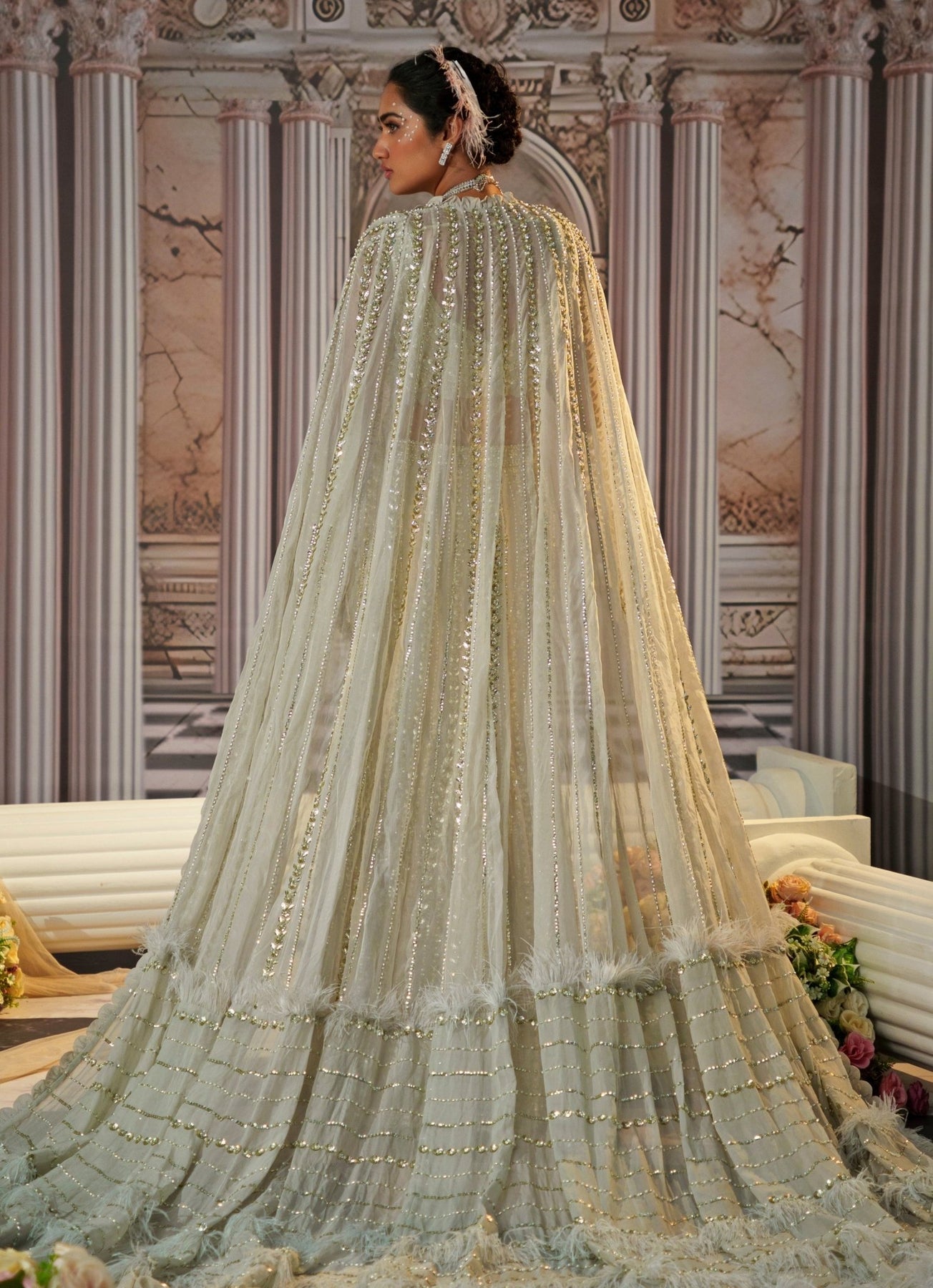 Pakistani Silver Grey Embroidered Georgette Mermaid Lehenga (3-Piece) - Image 7