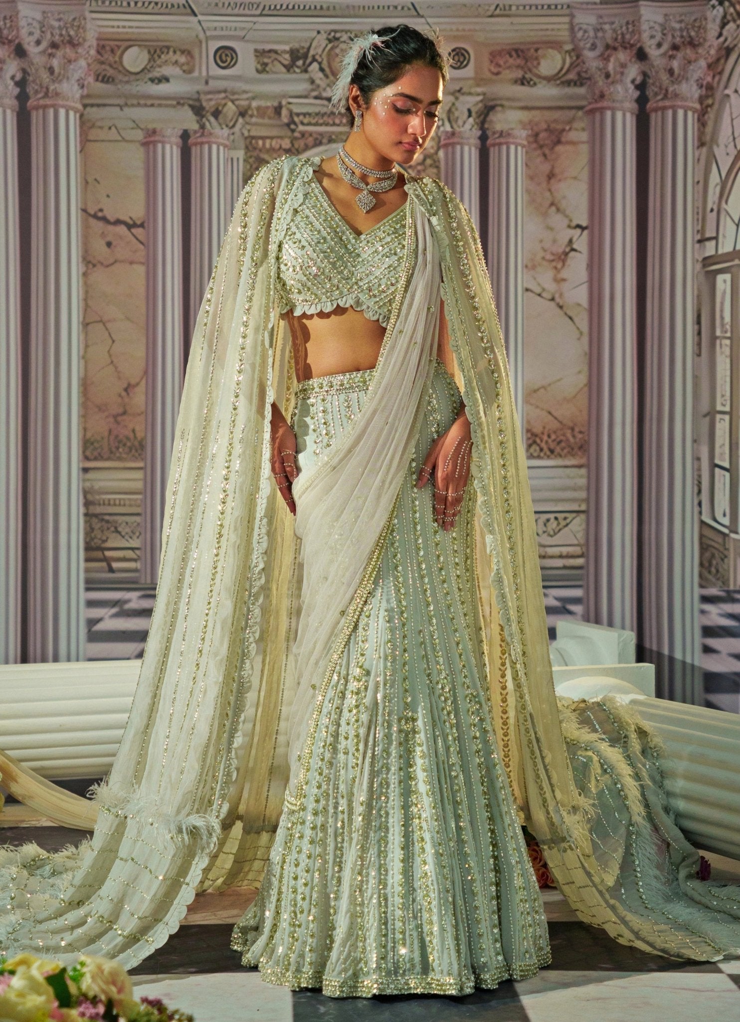 Silver Grey Embroidered Georgette Mermaid Lehenga (3-Piece) - Image 1