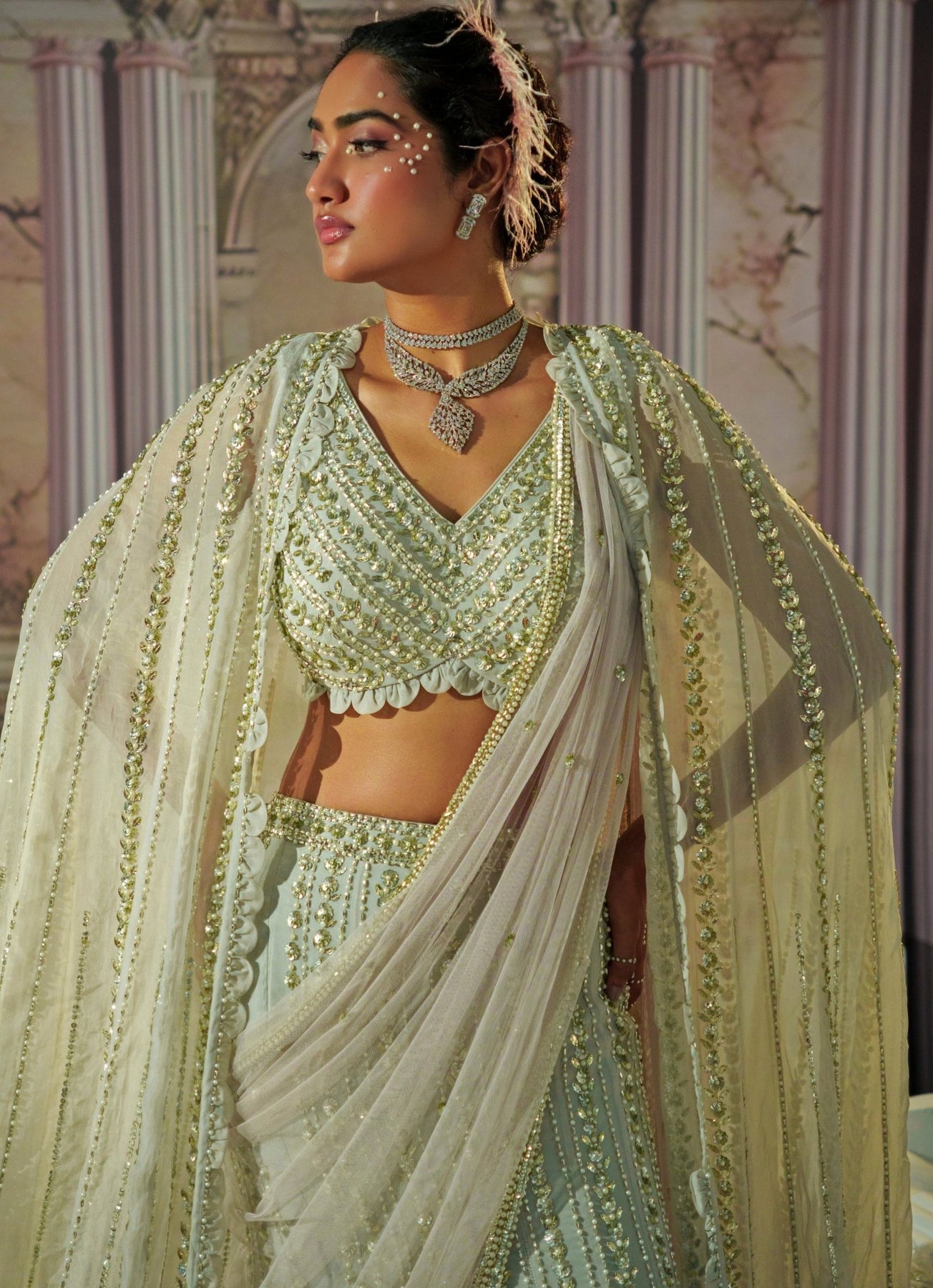 Silver Grey Embroidered Georgette Mermaid Lehenga (3-Piece) - Image 3