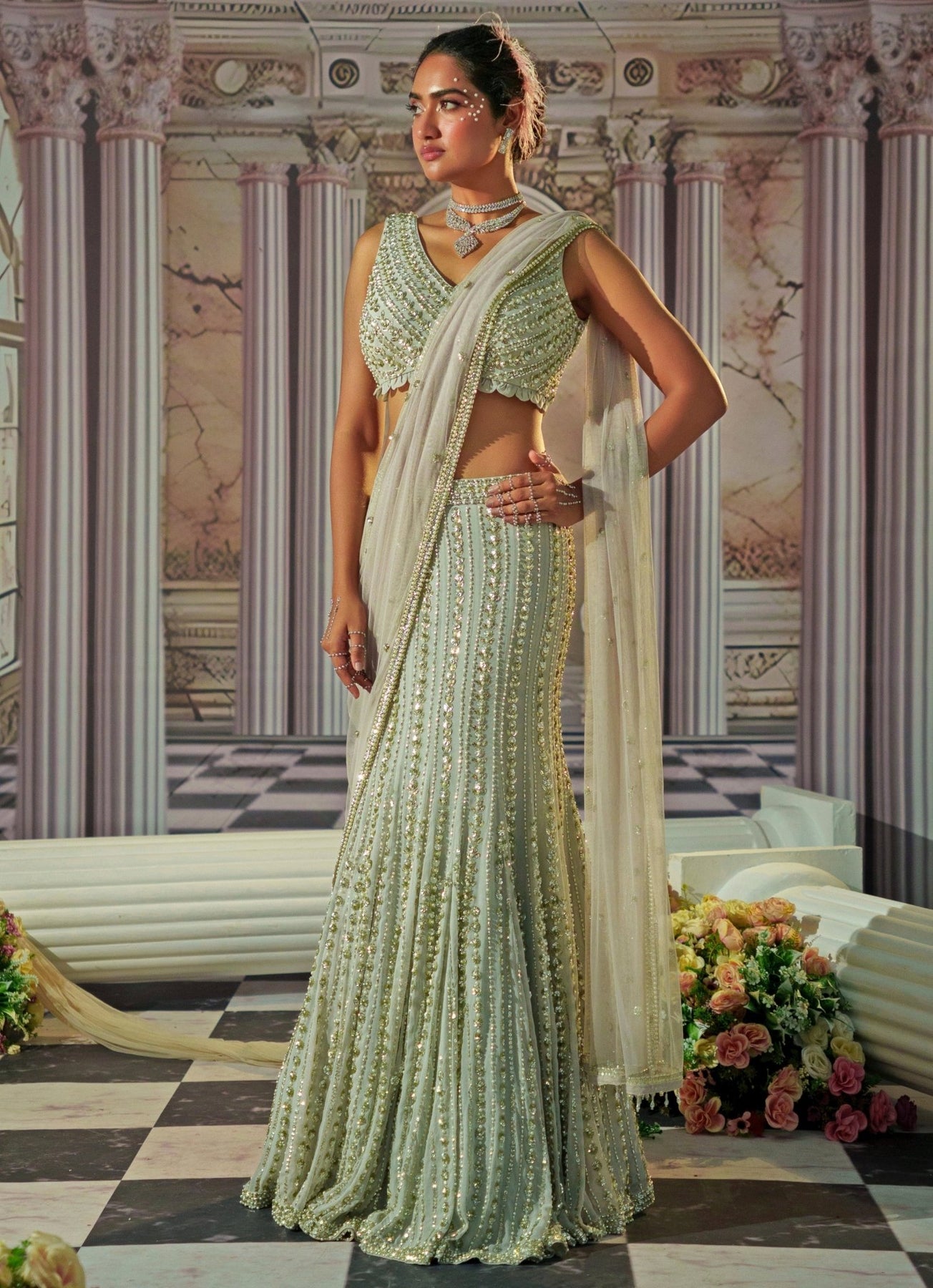 Silver Grey Embroidered Georgette Mermaid Lehenga (3-Piece) - Image 5