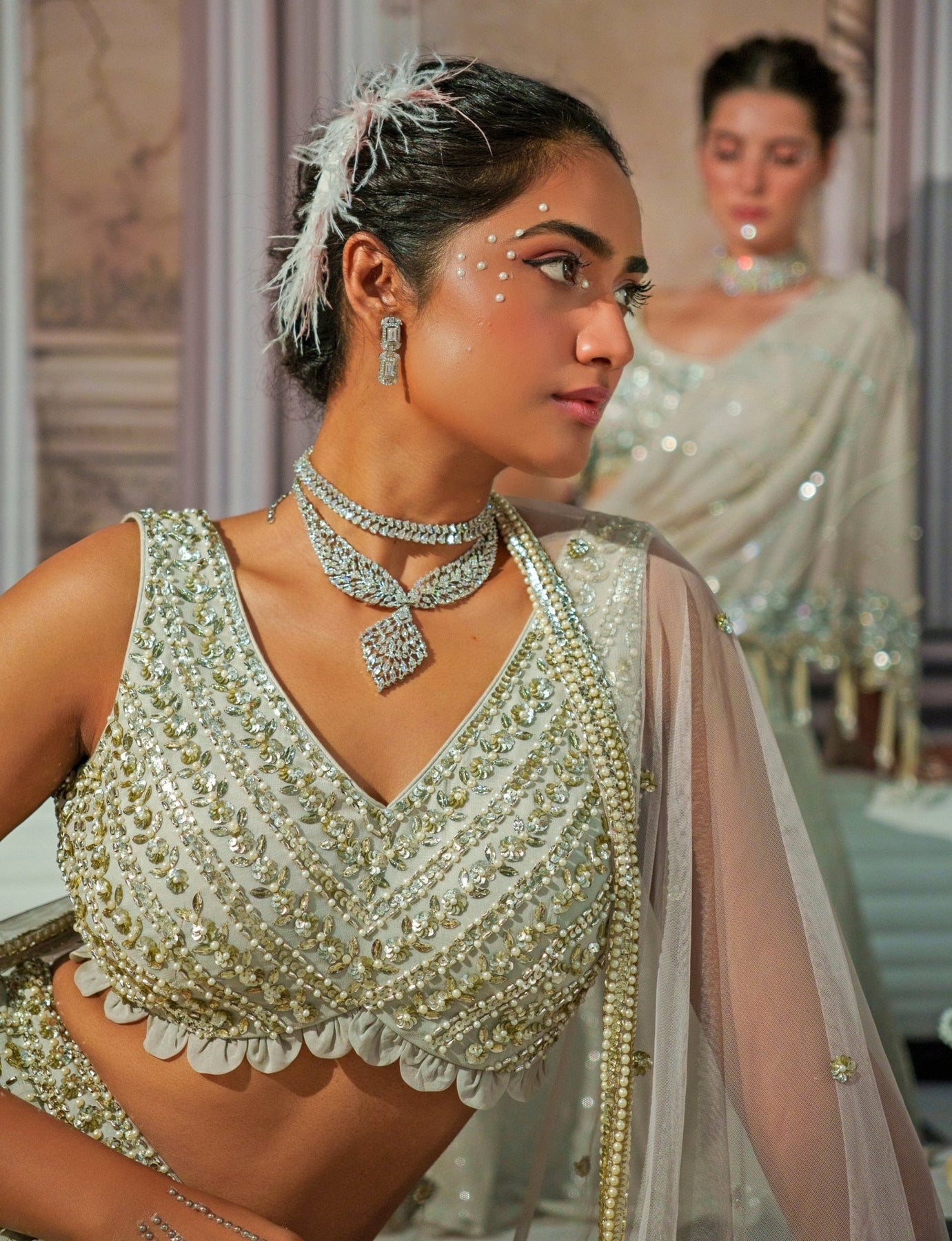 Silver Grey Embroidered Georgette Mermaid Lehenga (3-Piece) - Image 6