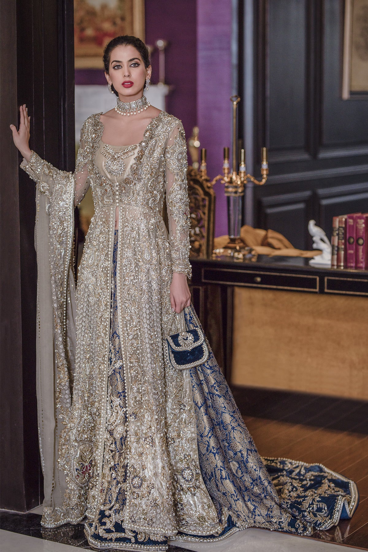 Silver Grey Blue Embellished Tissue Gown Lehenga (3-Piece) - Image 1