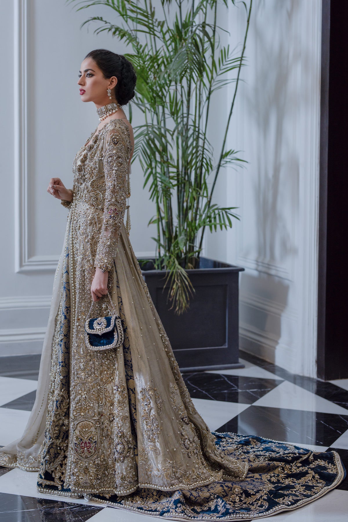 Silver Grey Blue Embellished Tissue Gown Lehenga (3-Piece) - Image 2