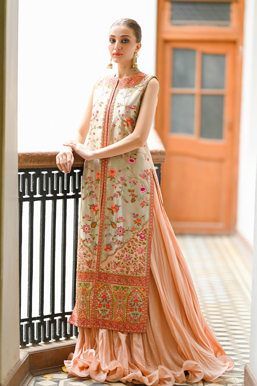 Metallic Silver Haath Aari Tissue Jacket with Coral Lehenga (2-Piece) - Image 1