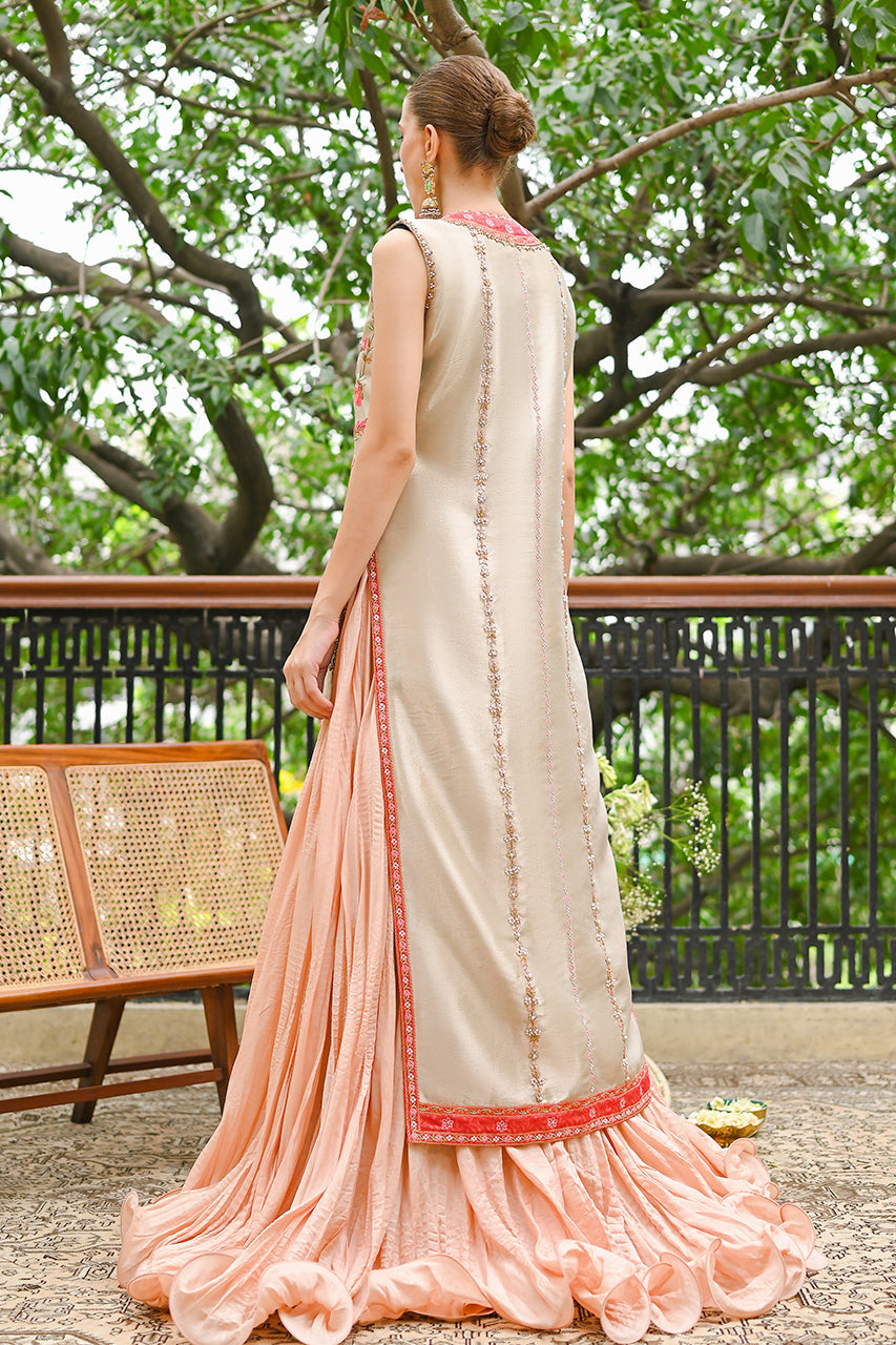 Metallic Silver Haath Aari Tissue Jacket with Coral Lehenga (2-Piece) - Image 2