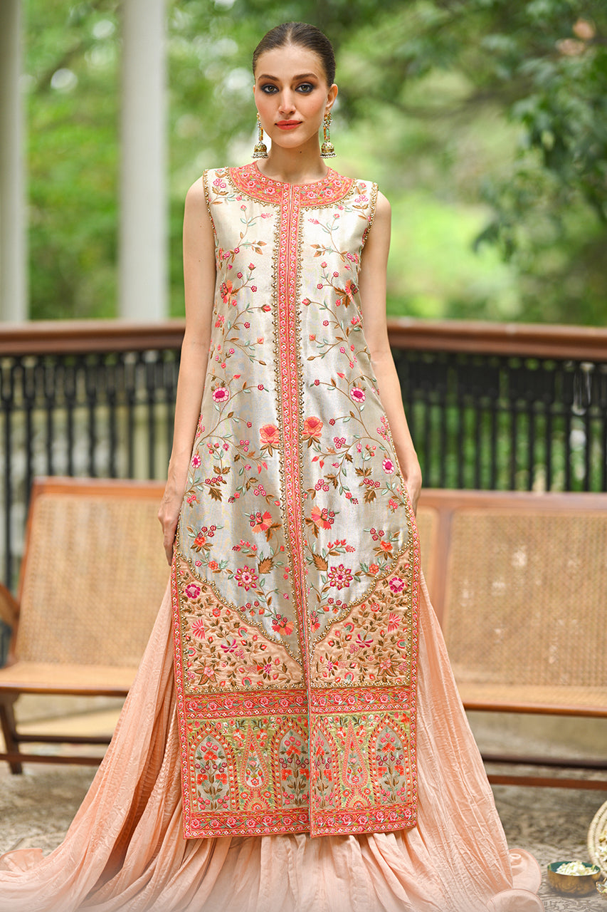 Metallic Silver Haath Aari Tissue Jacket with Coral Lehenga (2-Piece) - Image 3