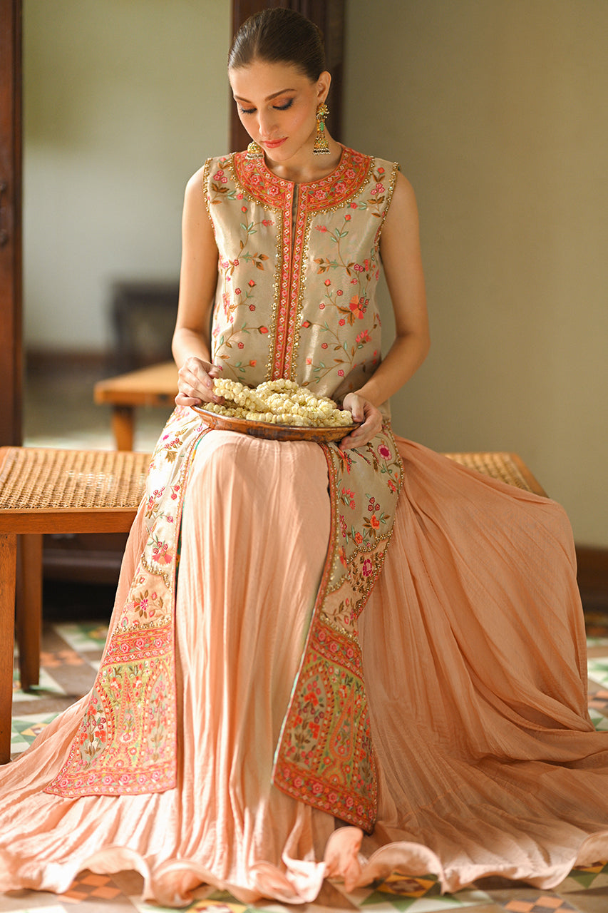 Metallic Silver Haath Aari Tissue Jacket with Coral Lehenga (2-Piece) - Image 4