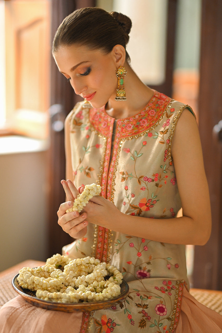 Metallic Silver Haath Aari Tissue Jacket with Coral Lehenga (2-Piece) - Image 5