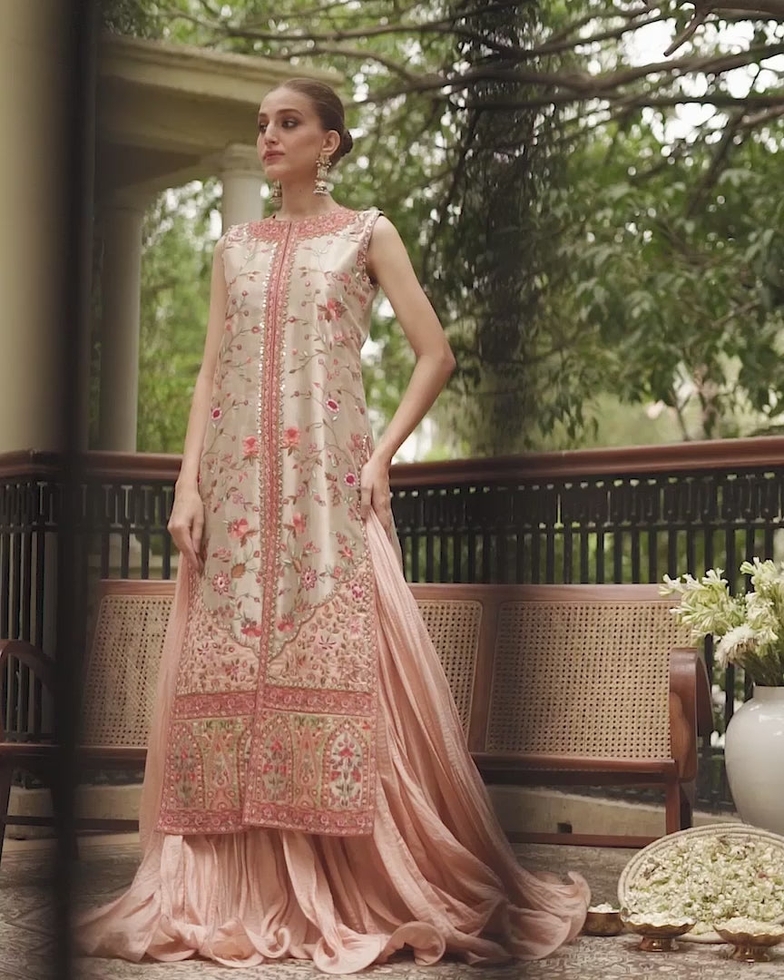 Metallic Silver Haath Aari Tissue Jacket with Coral Lehenga (2-Piece) - Image 6