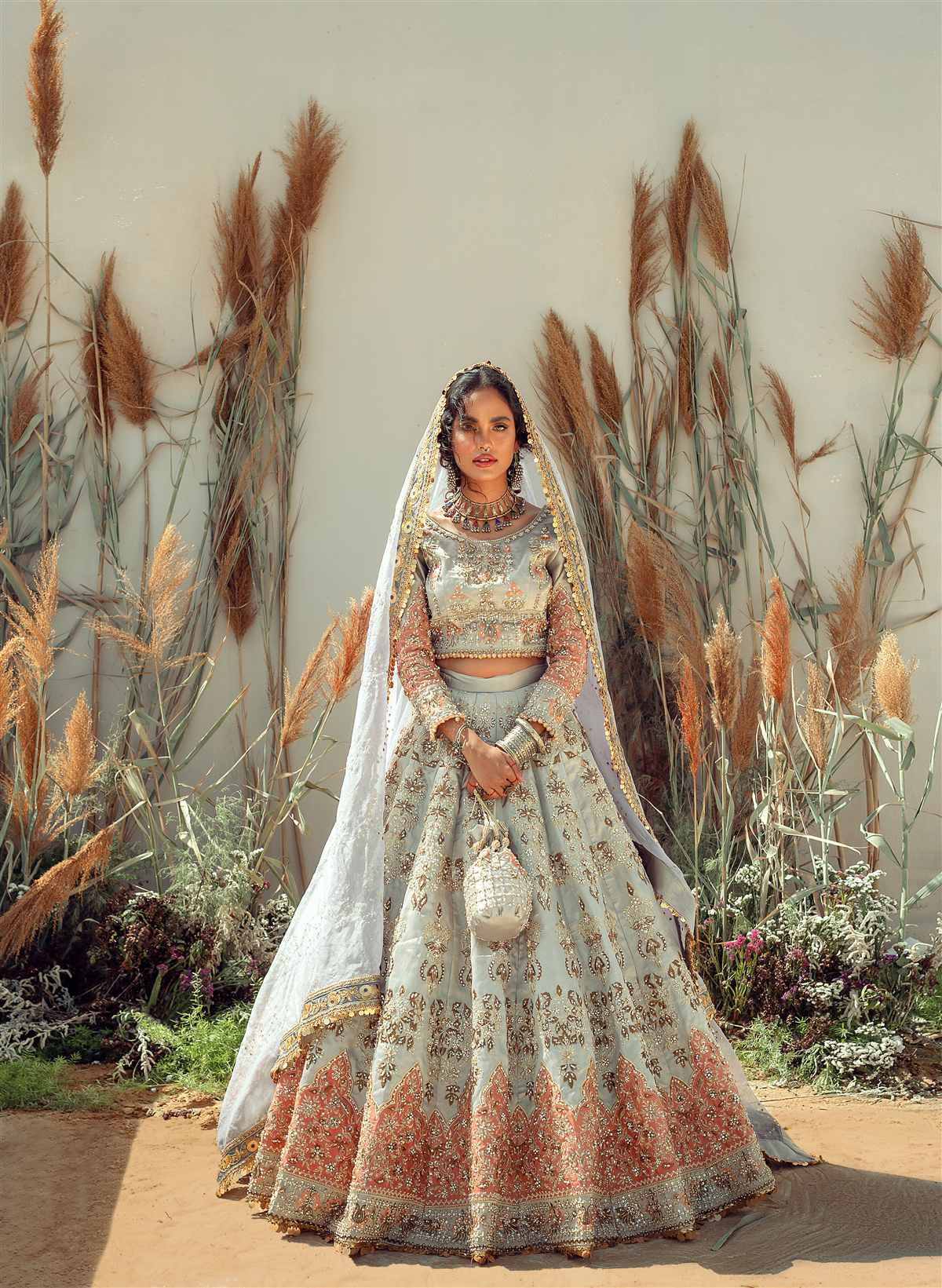 Silver Grey Embroidered Lama Tissue Lehenga (3-Piece) - Image 1