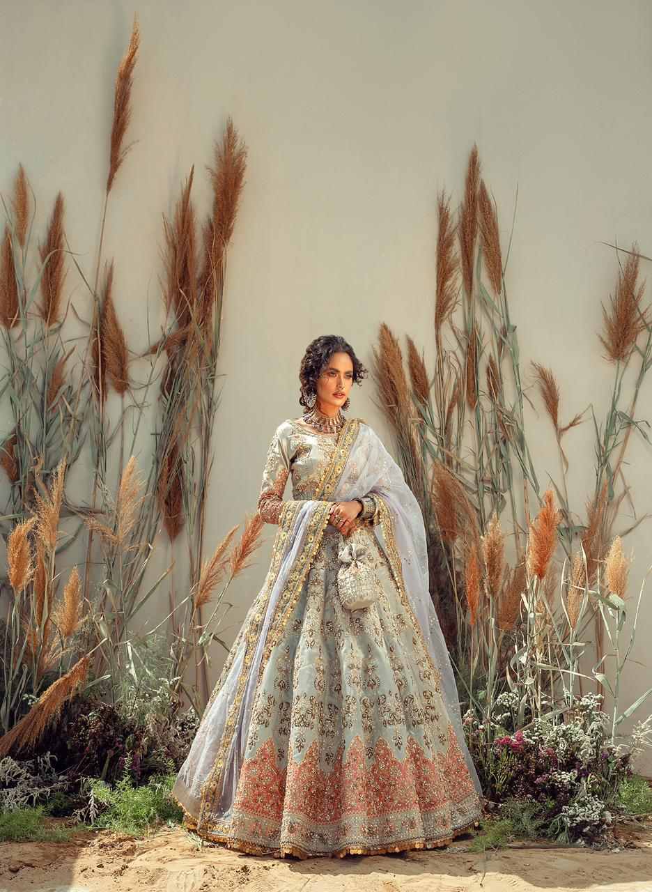 Silver Grey Embroidered Lama Tissue Lehenga (3-Piece) - Image 2