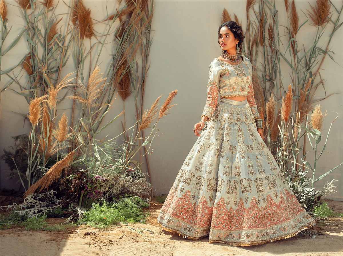 Silver Grey Embroidered Lama Tissue Lehenga (3-Piece) - Image 3