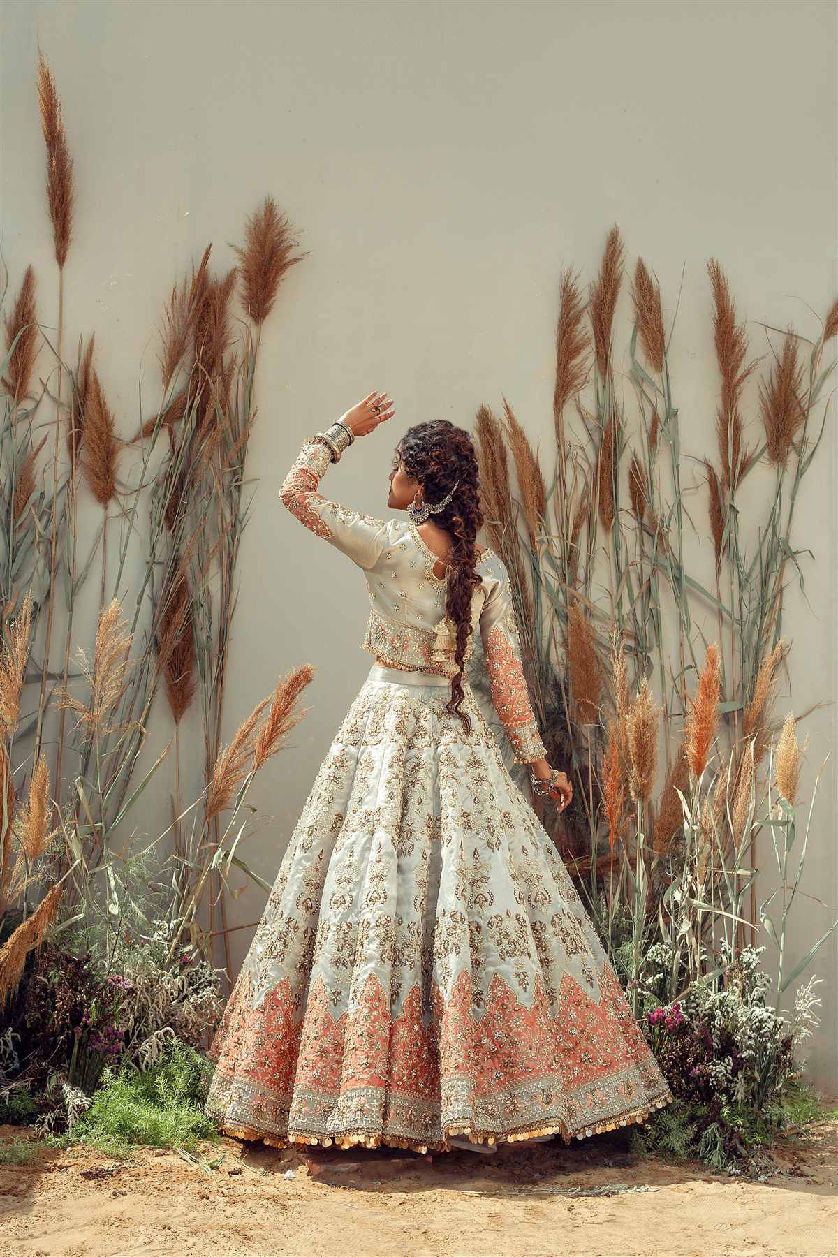 Silver Grey Embroidered Lama Tissue Lehenga (3-Piece) - Image 4