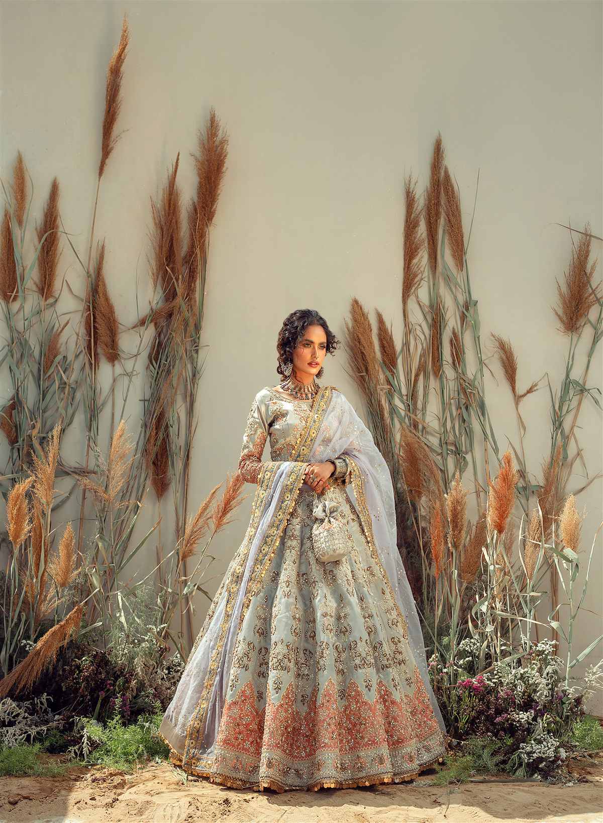 Silver Grey Embroidered Lama Tissue Lehenga (3-Piece) - Image 5