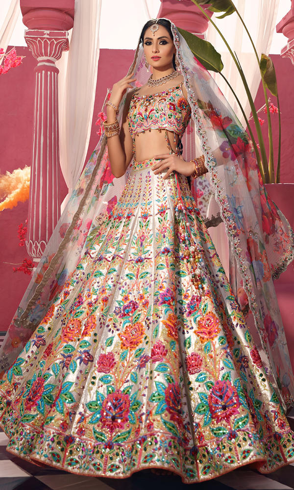 Silver Embroidered Lamé Brocade Lehenga (3-Piece) - Image 3