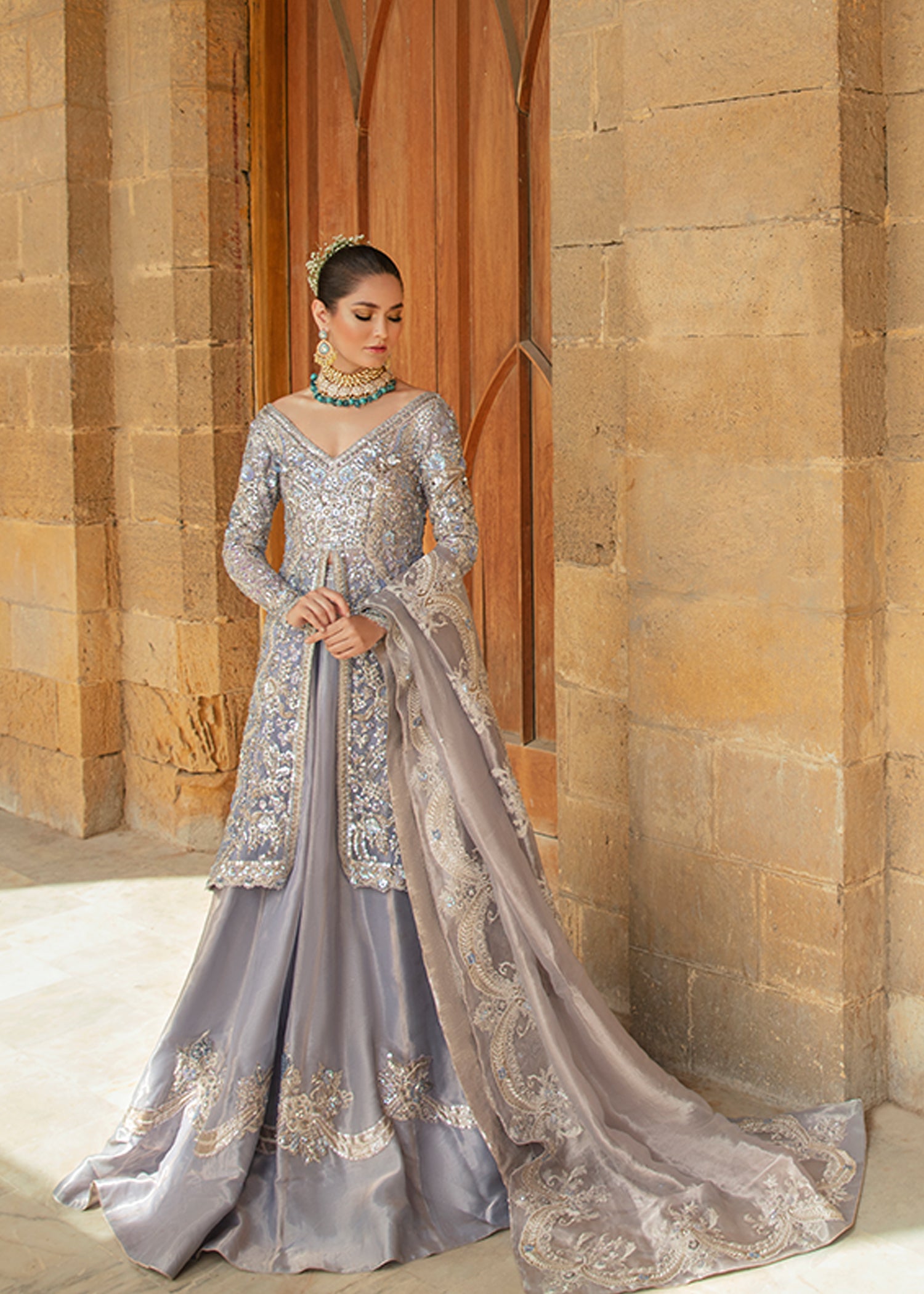 Silver Embellished Massori Organza Lehenga (3-Piece) - Image 1