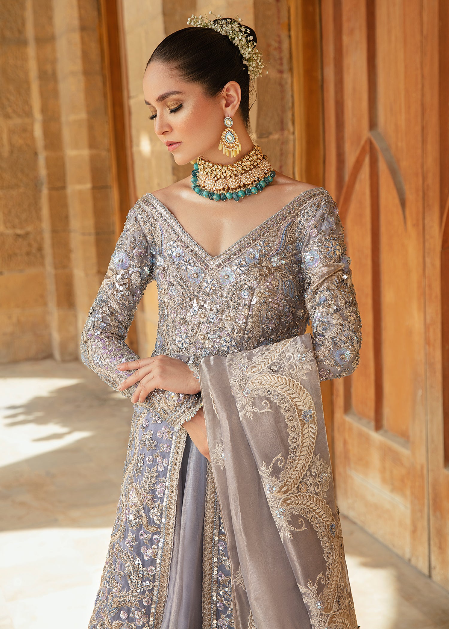 Silver Embellished Massori Organza Lehenga (3-Piece) - Image 3