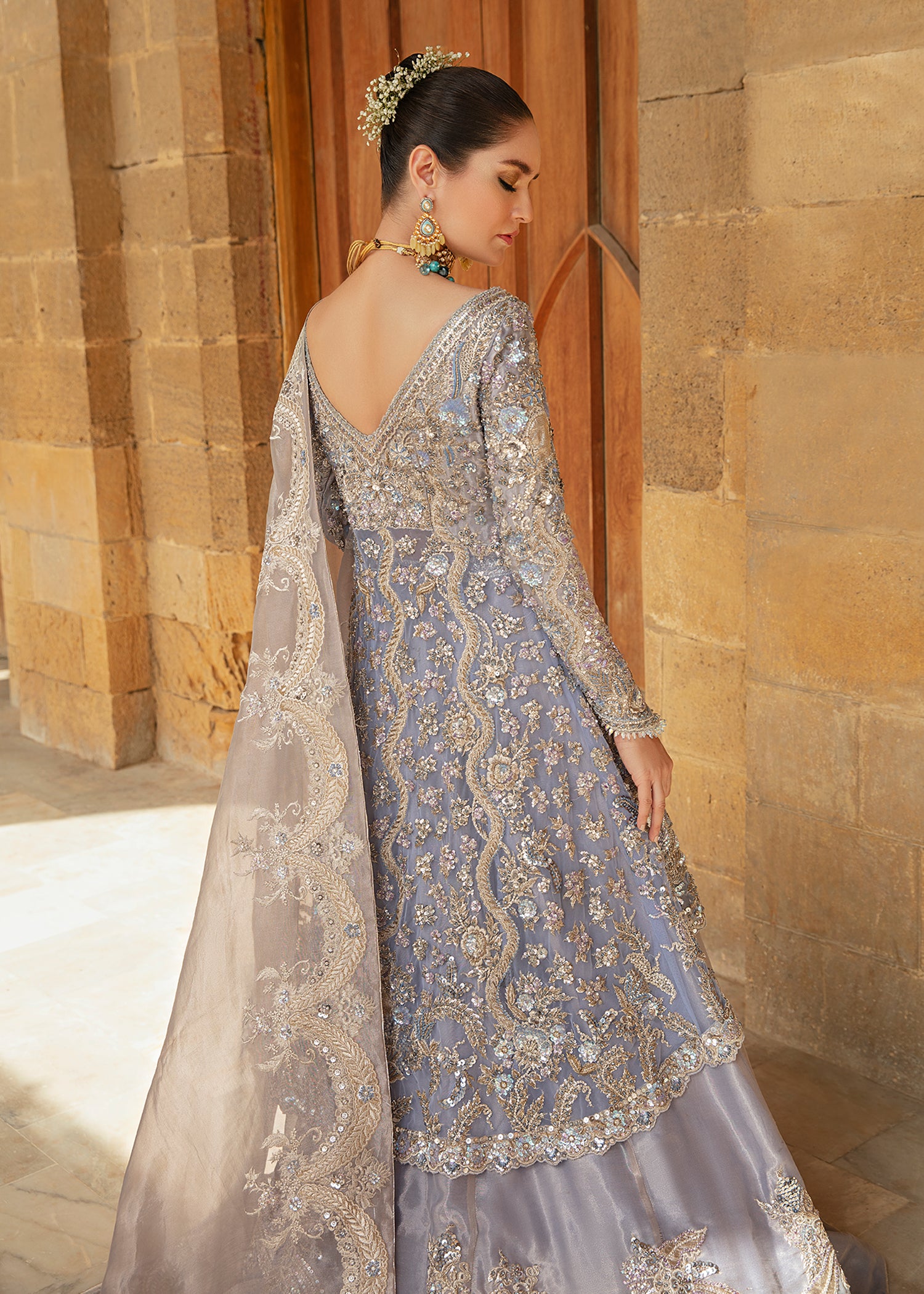 Silver Embellished Massori Organza Lehenga (3-Piece) - Image 4