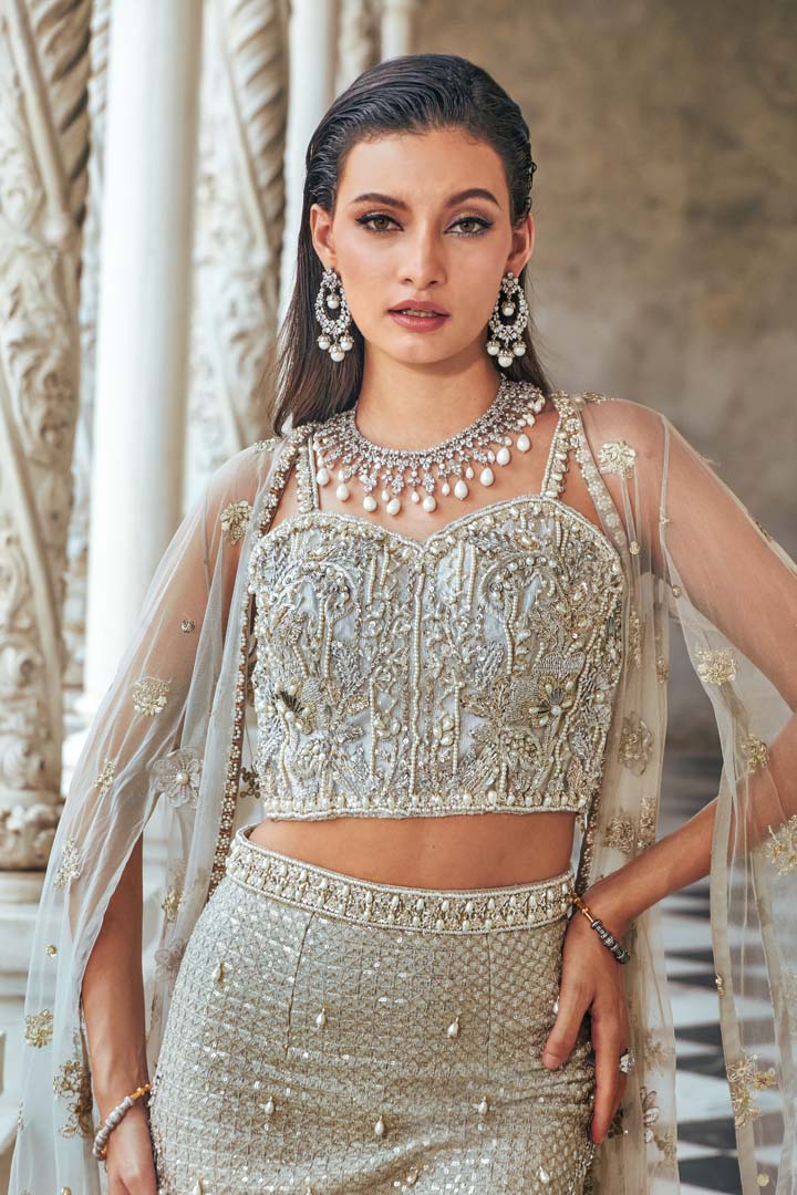 Pakistani Silver Embellished Metallic Lehenga Set (3-Piece) - Image 2