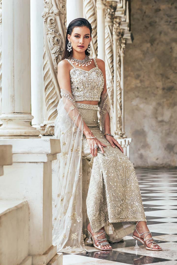 Pakistani Silver Embellished Metallic Lehenga Set (3-Piece) - Image 4