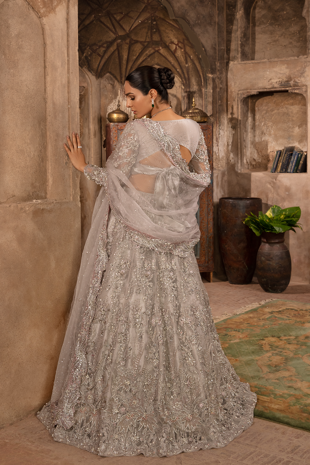 Grey Silver 3D Embellished Net Lehenga Choli (3-Piece) - Image 2