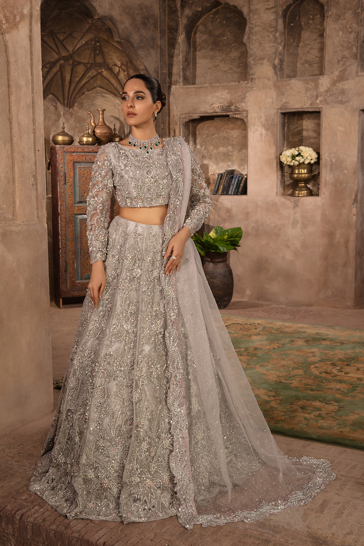 Grey Silver 3D Embellished Net Lehenga Choli (3-Piece) - Image 3